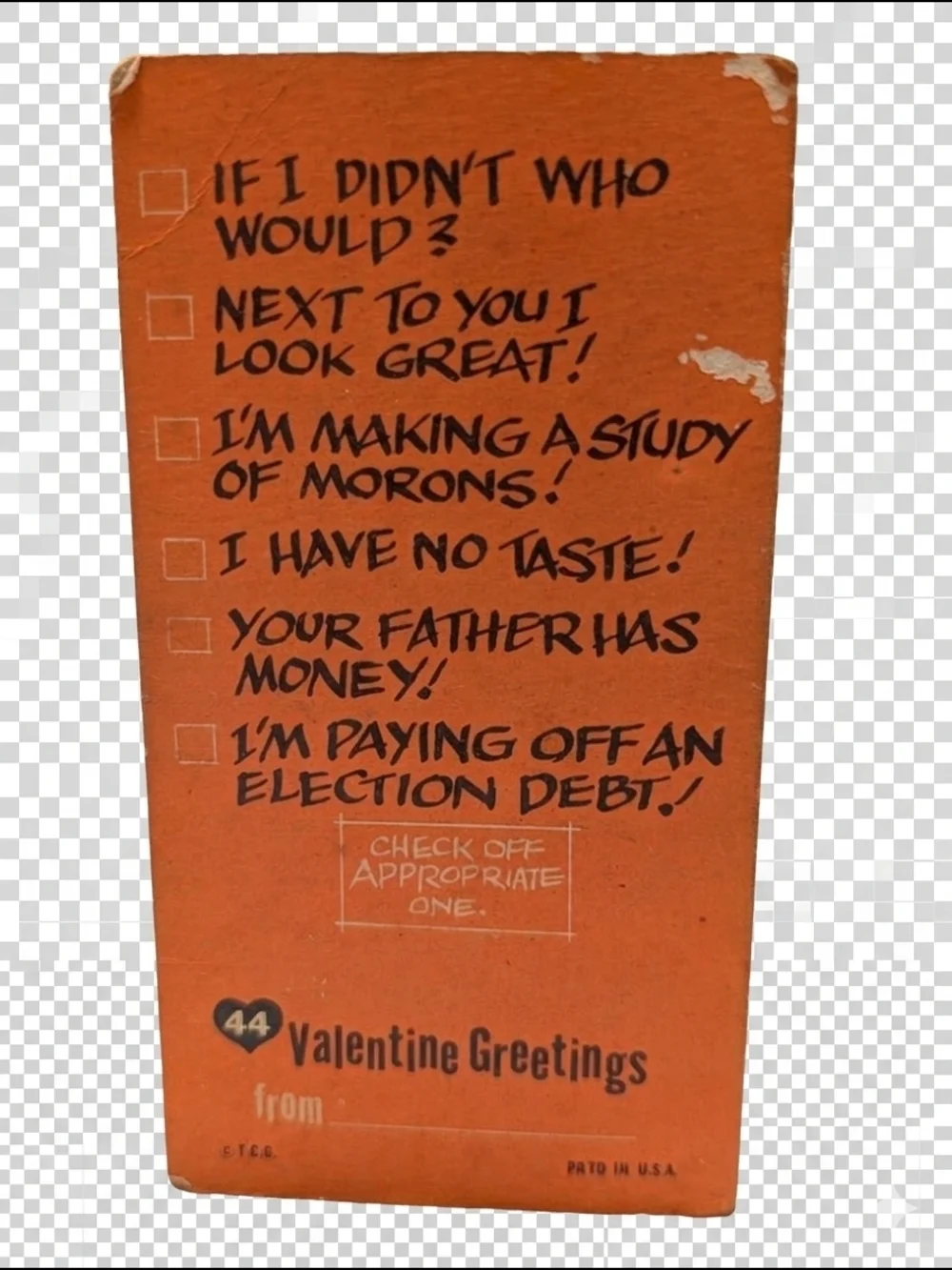 PSA 44 1961 TOPPS GIANT FUNNY VALENTINES #44  I LIKE YOU BECAUSE PRINTED IN USA